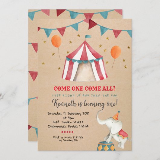 ヴィンテージカーニバルサーカスキッズバースデーパーティー 招待状 (正面/裏面)