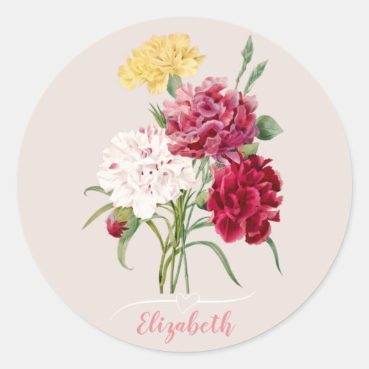 ヴィンテージカーネーションフローライラストレーション ラウンドシール (正面)