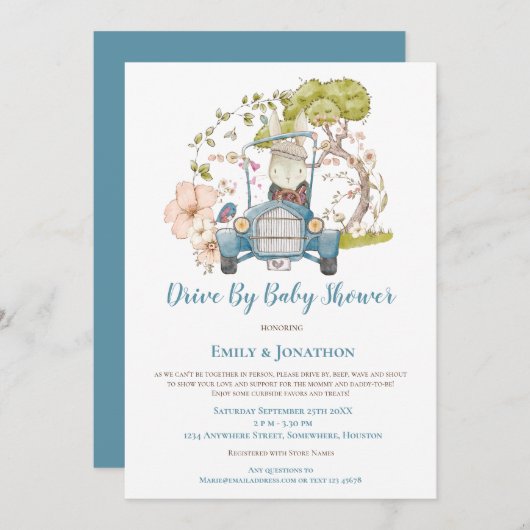 ヴィンテージカーバニーと葉の少年 ドライブバイ ベビーシャワー 招待状 (正面/裏面)