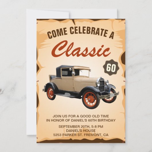 ヴィンテージカーマイルストーンバースデーパーティーの招待 招待状 (正面)