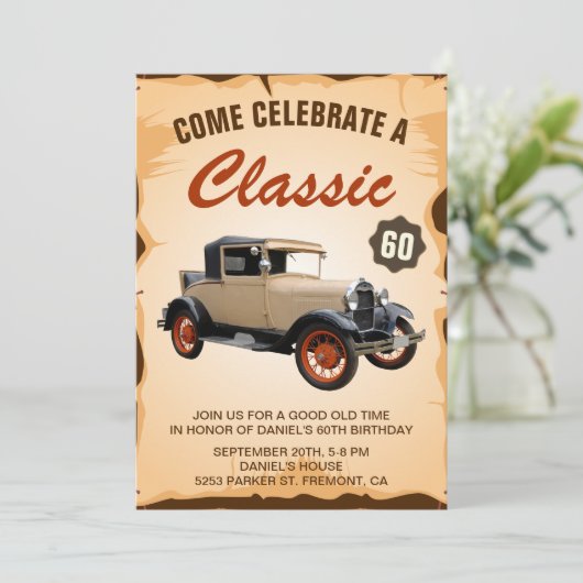 ヴィンテージカーマイルストーンバースデーパーティーの招待 招待状 (スタンド正面)