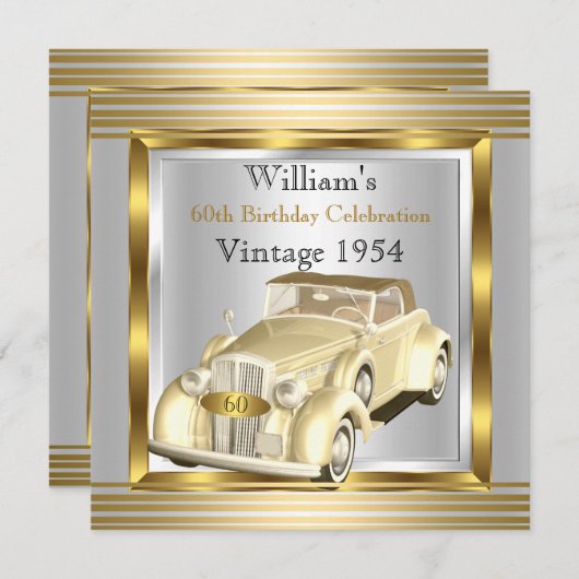 ヴィンテージカーマン60thバースデーパーティー金ゴールド&シルバー 招待状 (正面/裏面)