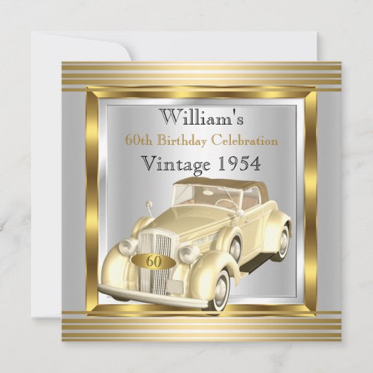ヴィンテージカーマン60thバースデーパーティー金ゴールド&シルバー 招待状 (正面)