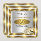 ヴィンテージカーメンズ60thバースデーパーティー金ゴールドホワイト2 招待状 (正面/裏面)