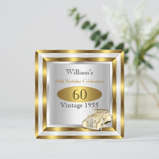 ヴィンテージカーメンズ60thバースデーパーティー金ゴールドホワイト2 招待状 (スタンド正面)