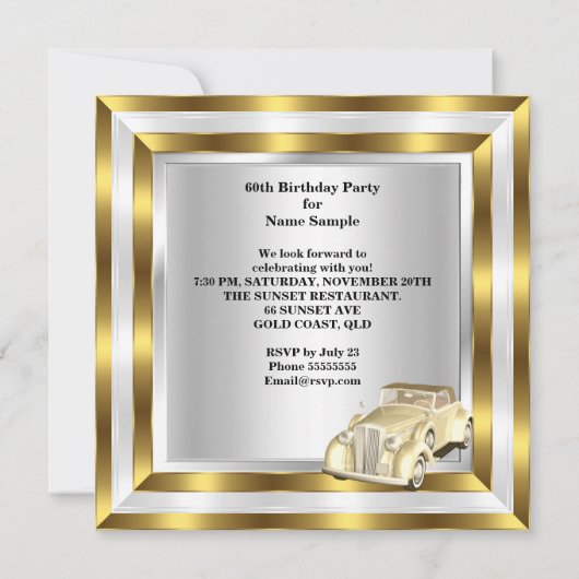 ヴィンテージカーメンズ60thバースデーパーティー金ゴールドホワイト 招待状 (裏面)