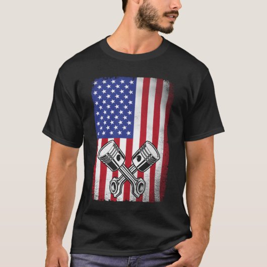 ヴィンテージカー整備士 ピストン アメリカ国旗 ビンテージ Tシャツ (正面)