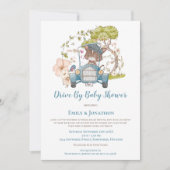 ヴィンテージカー猫のターコイズ男の子がベビーシャワーでドライブ 招待状 (正面)