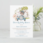 ヴィンテージカー猫のターコイズ男の子がベビーシャワーでドライブ 招待状 (スタンド正面)