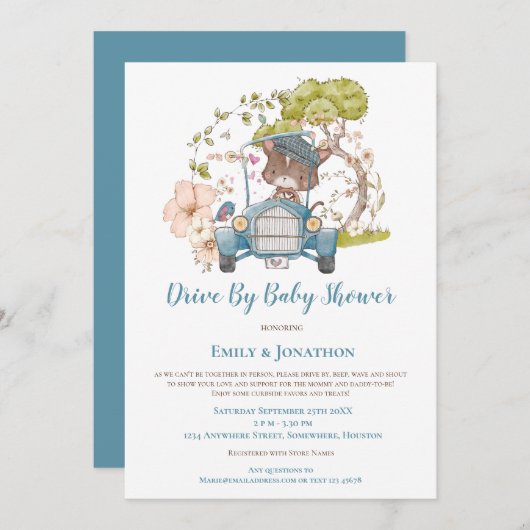 ヴィンテージカー猫のターコイズ男の子がベビーシャワーでドライブ 招待状 (正面/裏面)