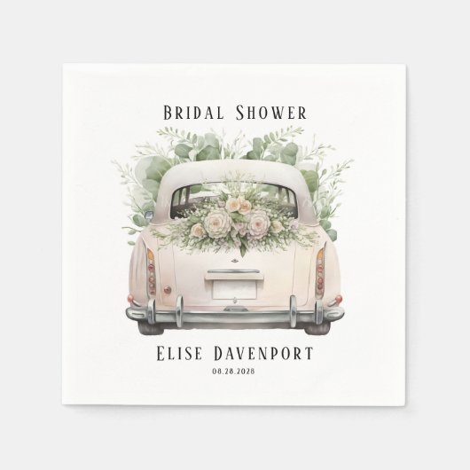 ヴィンテージカー赤面ピンクセージ花模様ブライダルシャワー スタンダードカクテルナプキン (正面)