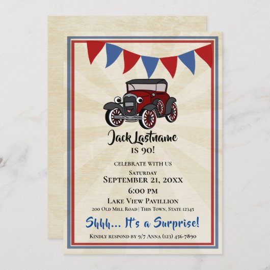 ヴィンテージカー&バンティンサプライズ誕生日 招待状 (正面/裏面)