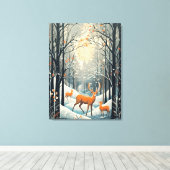 ヴィンテージガッシュスタイルの冬の鹿32x24 キャンバスプリント (インサイチュ (ウッドフロア))