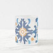 ヴィンテージガラスタンブラーセット – 青と茶色のフローラ フロストグラスマグカップ (中央)