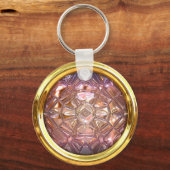 ヴィンテージガラス裁縫ボタンピンクと金ゴールド キーホルダー (正面)
