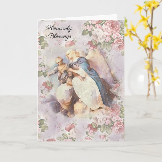 ヴィンテージガーディアンエンジェル男の赤ちゃんピンクローゼス カード (黄色い花)