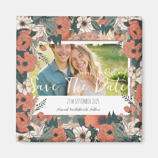 ヴィンテージガーデンの花柄を使用した、写真付きの「Save The Date」カード マグネット (正面)
