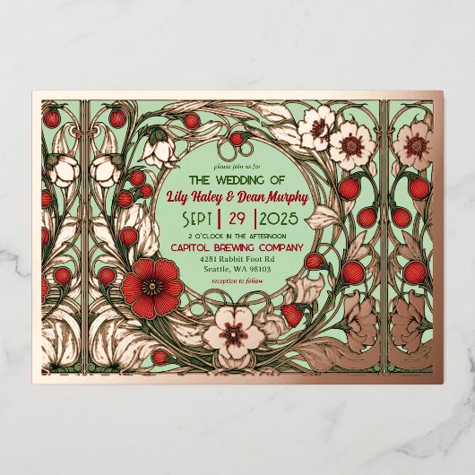 ヴィンテージガーデンアールヌーボーバラ金ゴールド 箔招待状 (正面)