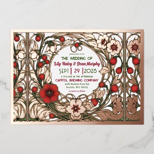 ヴィンテージガーデンアールヌーボーバラ金ゴールド 箔招待状 (正面)