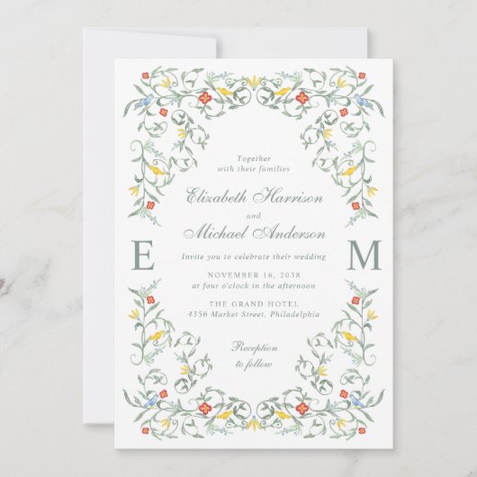 ヴィンテージガーデンウォーターカラーモノグラムQRコード結婚ズ 招待状 (正面)