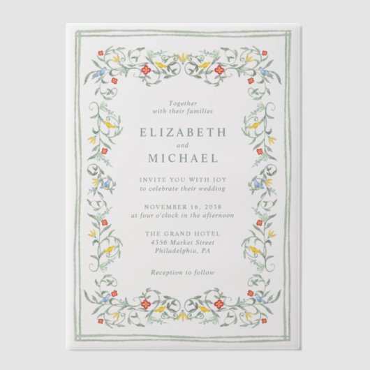 ヴィンテージガーデンウォーター結婚カラー ベラム紙招待状 (正面)