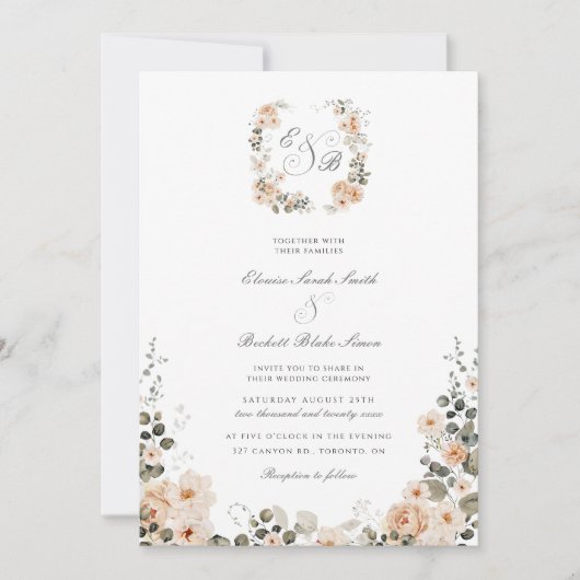 ヴィンテージガーデンクリームとセージ結婚フローラ 招待状 (正面)