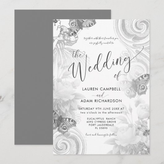 ヴィンテージガーデングレー&ホワイトボタニカルウェディング 招待状 (正面/裏面)