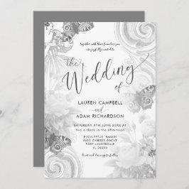 ヴィンテージガーデングレー&ホワイトボタニッ結婚クス 招待状