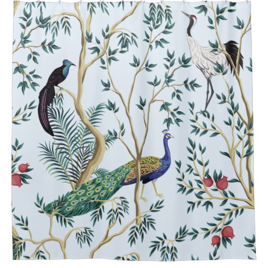 ヴィンテージガーデンザクロ果樹、エキゾチックな鳥 シャワーカーテン (正面)