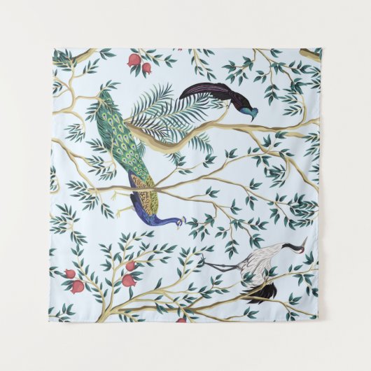 ヴィンテージガーデンザクロ果樹、エキゾチックな鳥 タペストリー (正面(横))