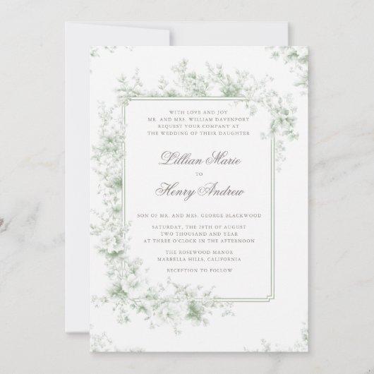 ヴィンテージガーデンセージ緑フォーマルトワ結婚ーズ 招待状 (正面)