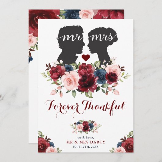 ヴィンテージガーデンネイビーマルーンバラミセス・シルエット サンキューカード (正面/裏面)