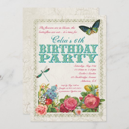 ヴィンテージガーデンバースデーパーティーの招待 招待状 (正面/裏面)