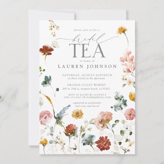 ヴィンテージガーデンフラワーウォーターカラーブライダル茶 招待状 (正面)