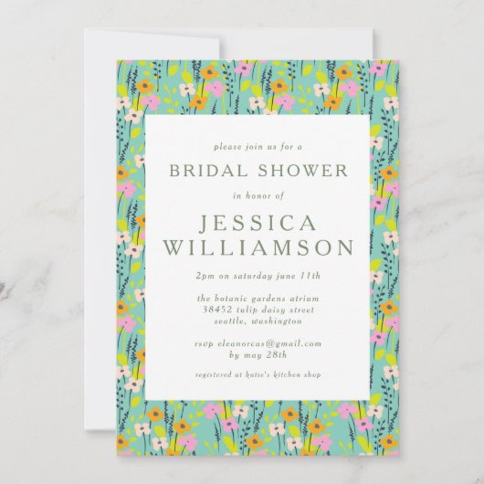 ヴィンテージガーデンフローラブライダルシャワーミントピンク 招待状 (正面)