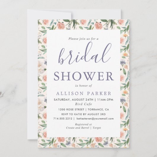 ヴィンテージガーデンフローラルパターンパープルブライダルシャワー 招待状 (正面)