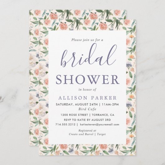 ヴィンテージガーデンフローラルパターンパープルブライダルシャワー 招待状 (正面/裏面)