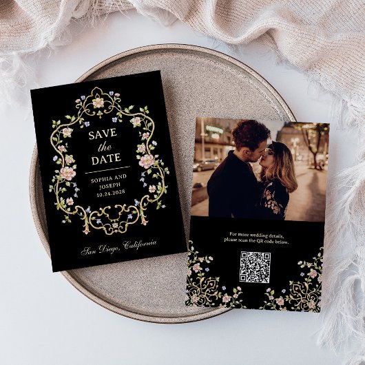 ヴィンテージガーデンブラック | 写真カラフルとQRコード セーブザデート
