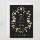 ヴィンテージガーデンブラック | 写真カラフルとQRコード セーブザデート (正面)