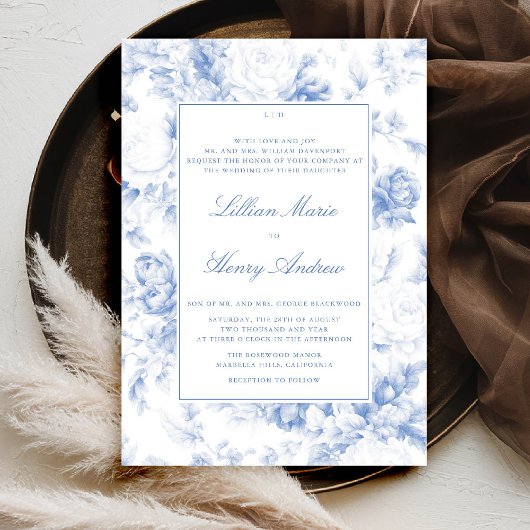 ヴィンテージガーデンブルーモダントワクラシックル結婚 招待状