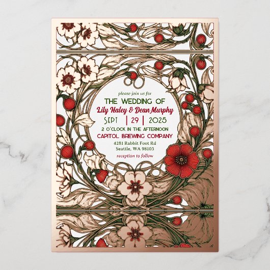 ヴィンテージガーデン結婚アールヌーボーバラ金ゴールド 箔招待状 (正面)