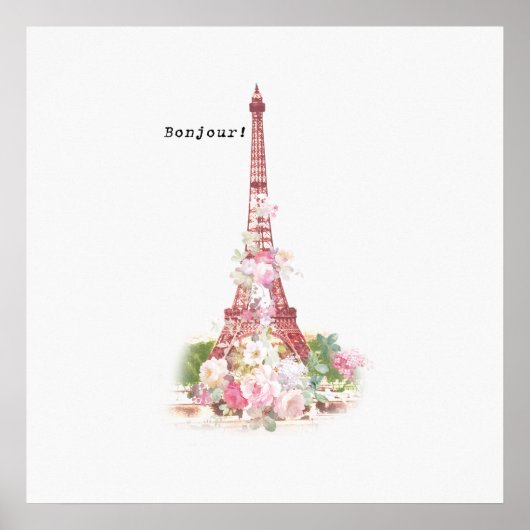 ヴィンテージガーリーピンクの花パリエッフェルタワー ポスター (正面)