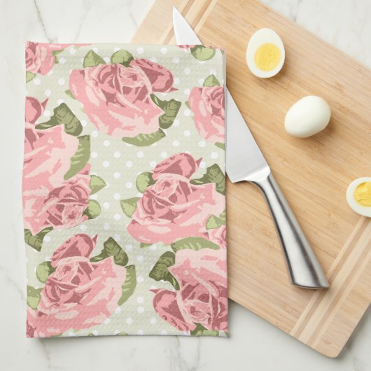 ヴィンテージガーリーピンクローズ キッチンタオル (四つ折り)