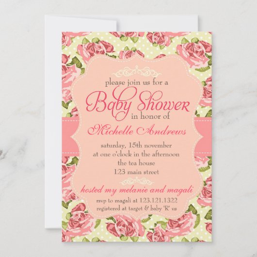 ヴィンテージガーリーピンクローゼベビーシャワー 招待状 (正面)