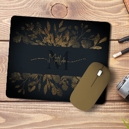 ヴィンテージガーリーブルー&金ゴールドグリッターフローラモノグラム マウスパッド