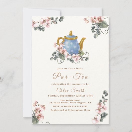 ヴィンテージガーリーワイルドフラワーパー茶ベイビーシャワー 招待状 (正面)