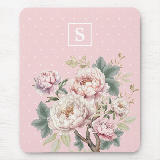 ヴィンテージガーリー赤面クリーム牡丹フローラモノグラム マウスパッド (正面)