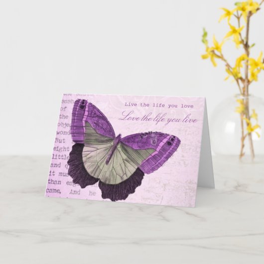 ヴィンテージガーリー・ピンク・バタフラ感動的イ引用文 カード (黄色い花)