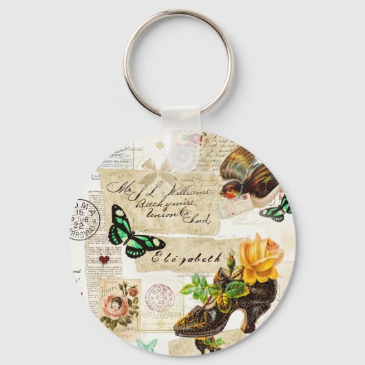 ヴィンテージガーリーEphemeraファッションコラージュ（名前） キーホルダー (正面)