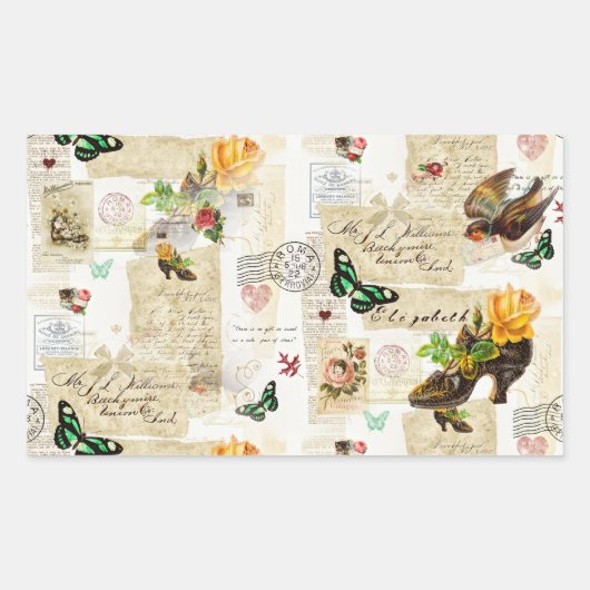 ヴィンテージガーリーEphemeraファッションコラージュ（名前） 長方形シール (正面)